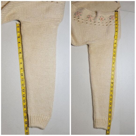Vintage Hand Knit Cream with Pastel Floral Women's Cardigan Sweater Pointelle - Picture 13 of 13